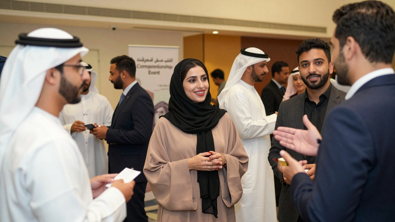 A professional woman networking at a Dubai business event with international guests.