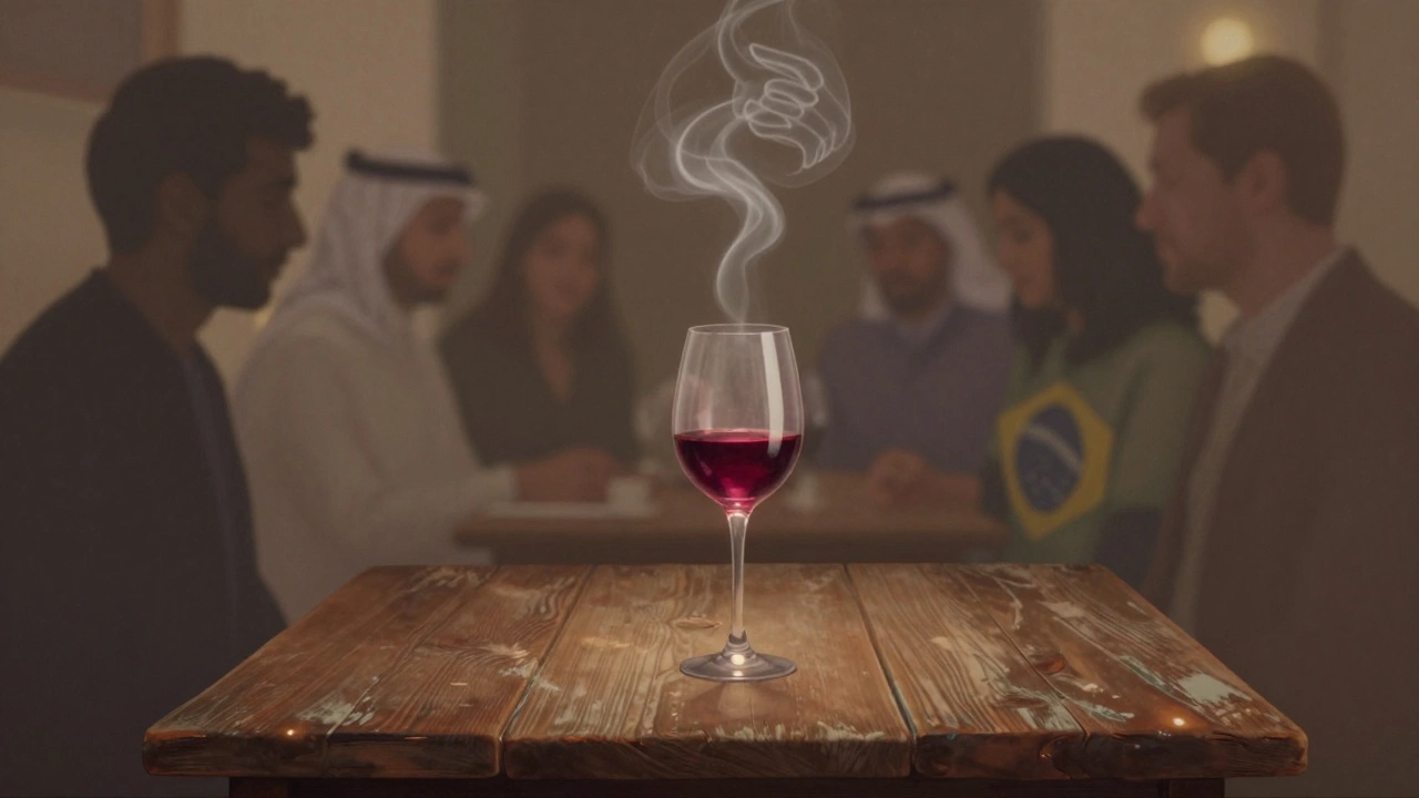 A single glass of wine on a wooden table, steam forming fleeting shapes of human connection in the air.