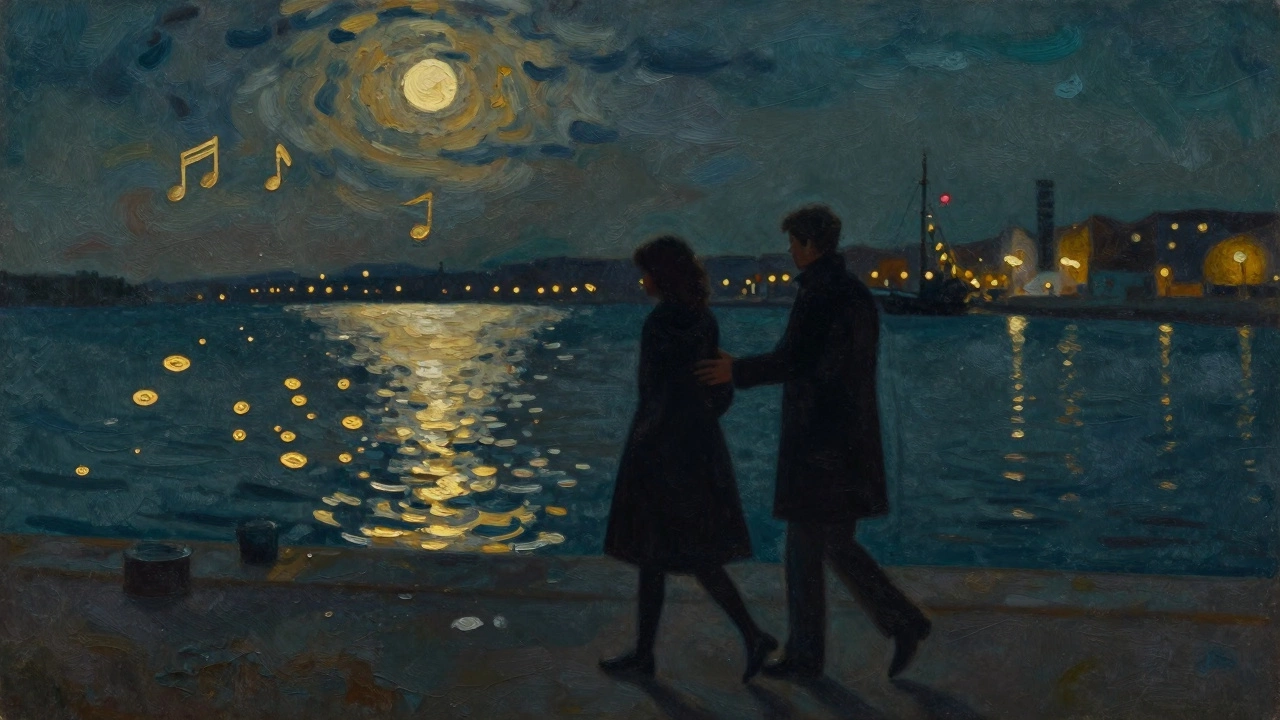 Two silhouettes walking by the harbor at midnight, one offering a coat as moonlight reflects on water.